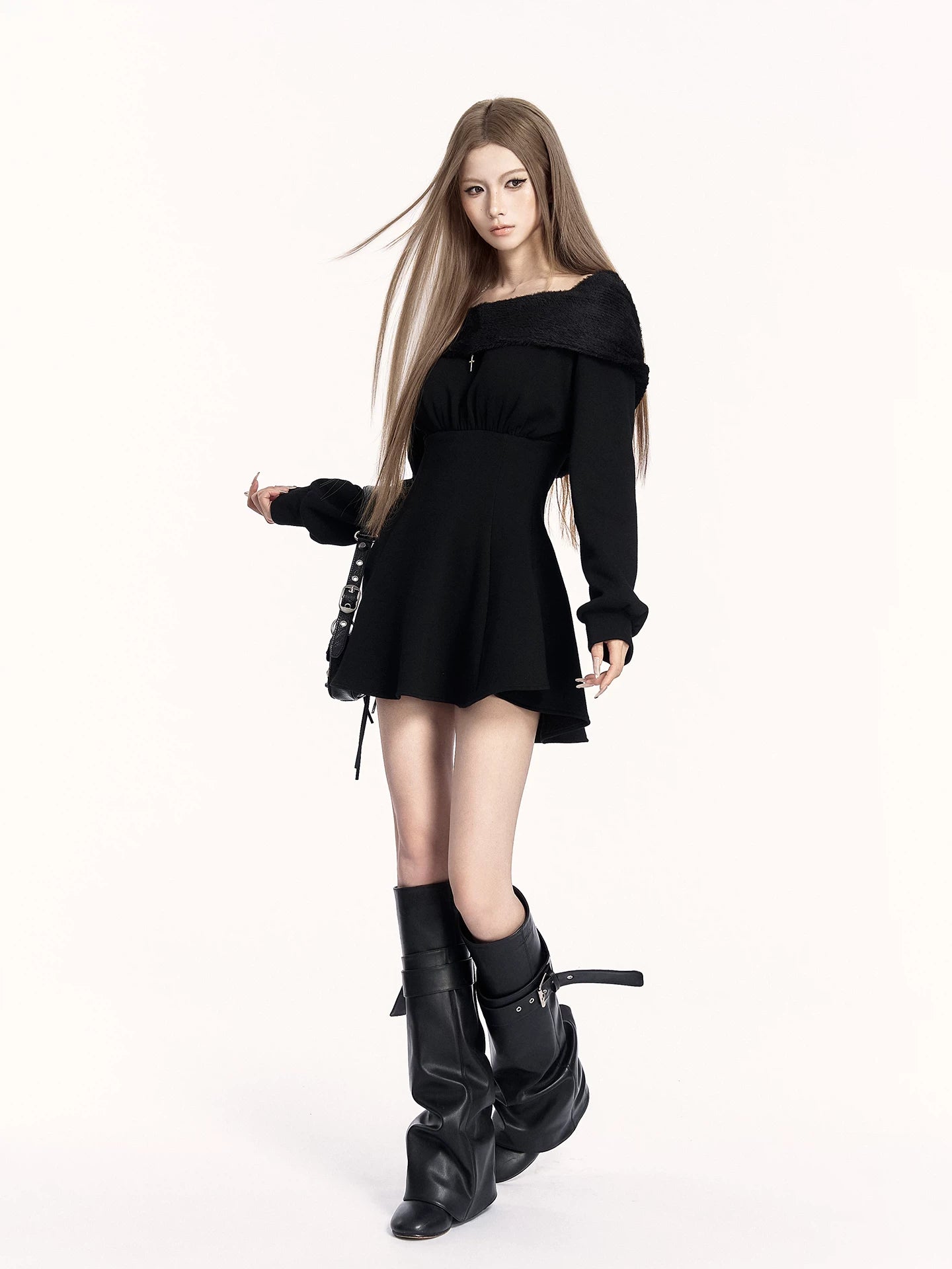Hooded Fleece Waist-Cinching Sweatshirt Dress