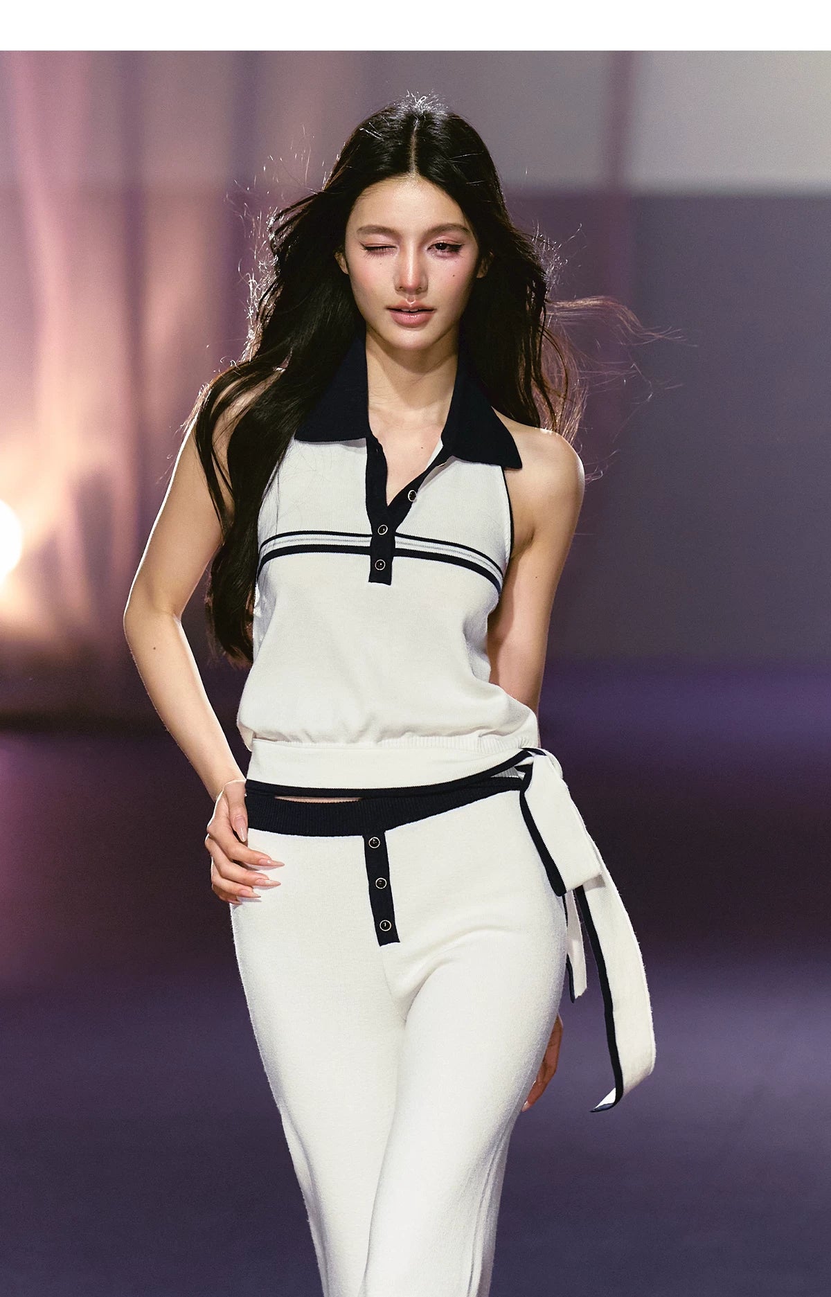 Relaxed Polo Halter Knit Top &amp; Flared Knit Pants Set