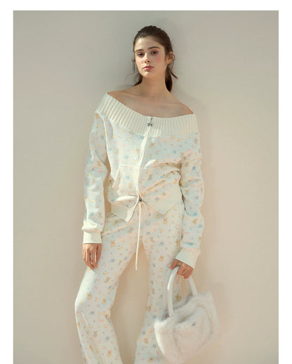 Floral Bunny Off-Shoulder Zip-up Sweatshirt