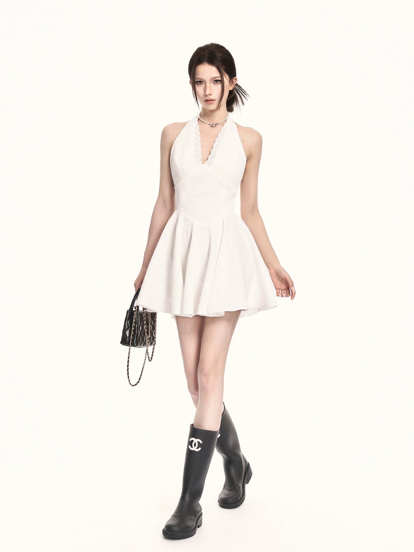 Romantic Rose Jacquard Halter Mini Dress