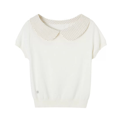 Peter Pan Collar Contrast Knit Short Sleeve Top