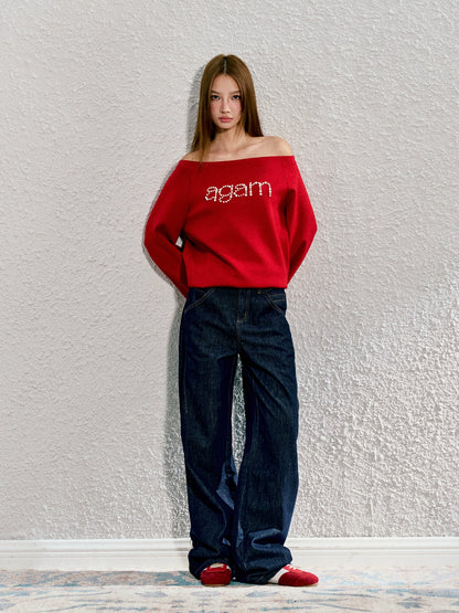 Red &amp; Gray Pearl-studded Off-shoulder Sweatshirt