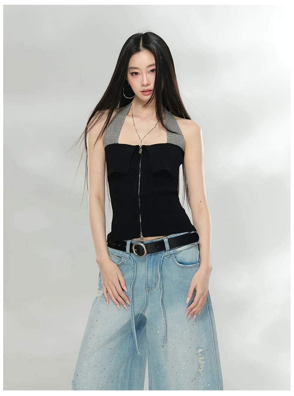 Contrast Halter Zip-Up Knit Tank Top
