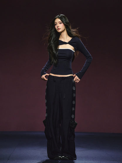 Rhinestone Pocket Drawstring Wide-Leg Pants - CHINASQUAD