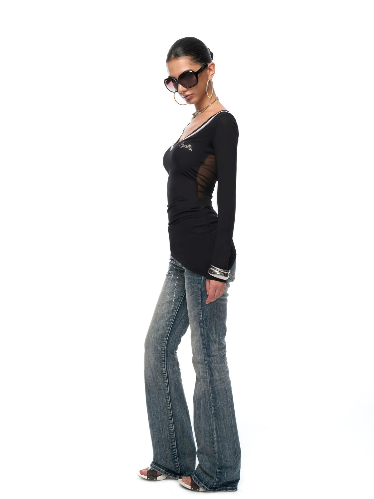 Ruched V-Neck Semi-Sheer Knit Blouse