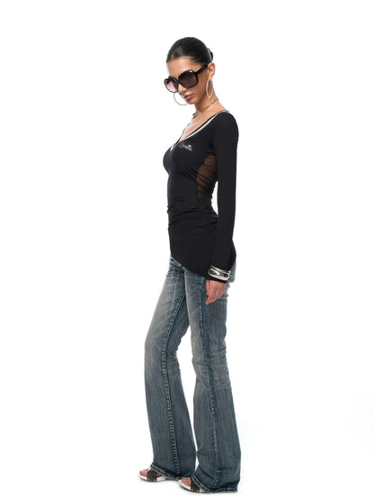 Ruched V-Neck Semi-Sheer Knit Blouse