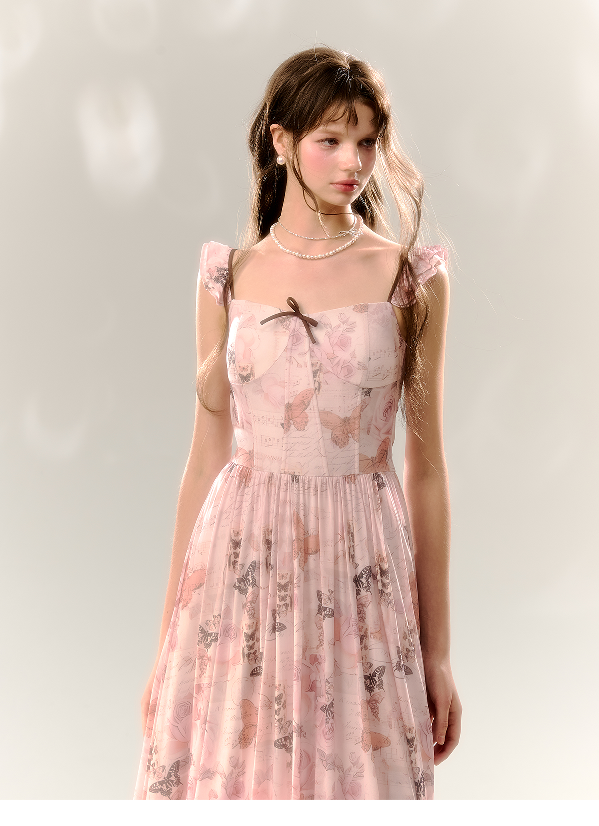 Pink Butterfly Print Square Neckline Dress