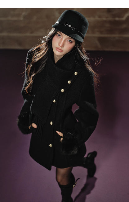 Detachable Fringe Scarf Hourglass-Waist Wool Coat