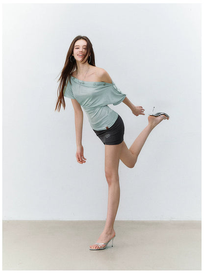 Asymmetric Button-Detail Off-Shoulder Top