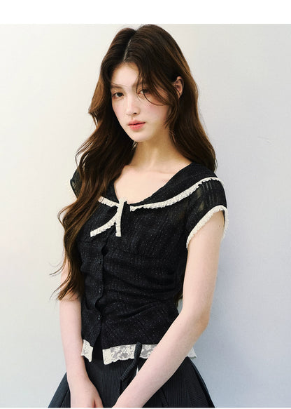 Vintage Sheer Polka Dot Sailor Collar Blouse