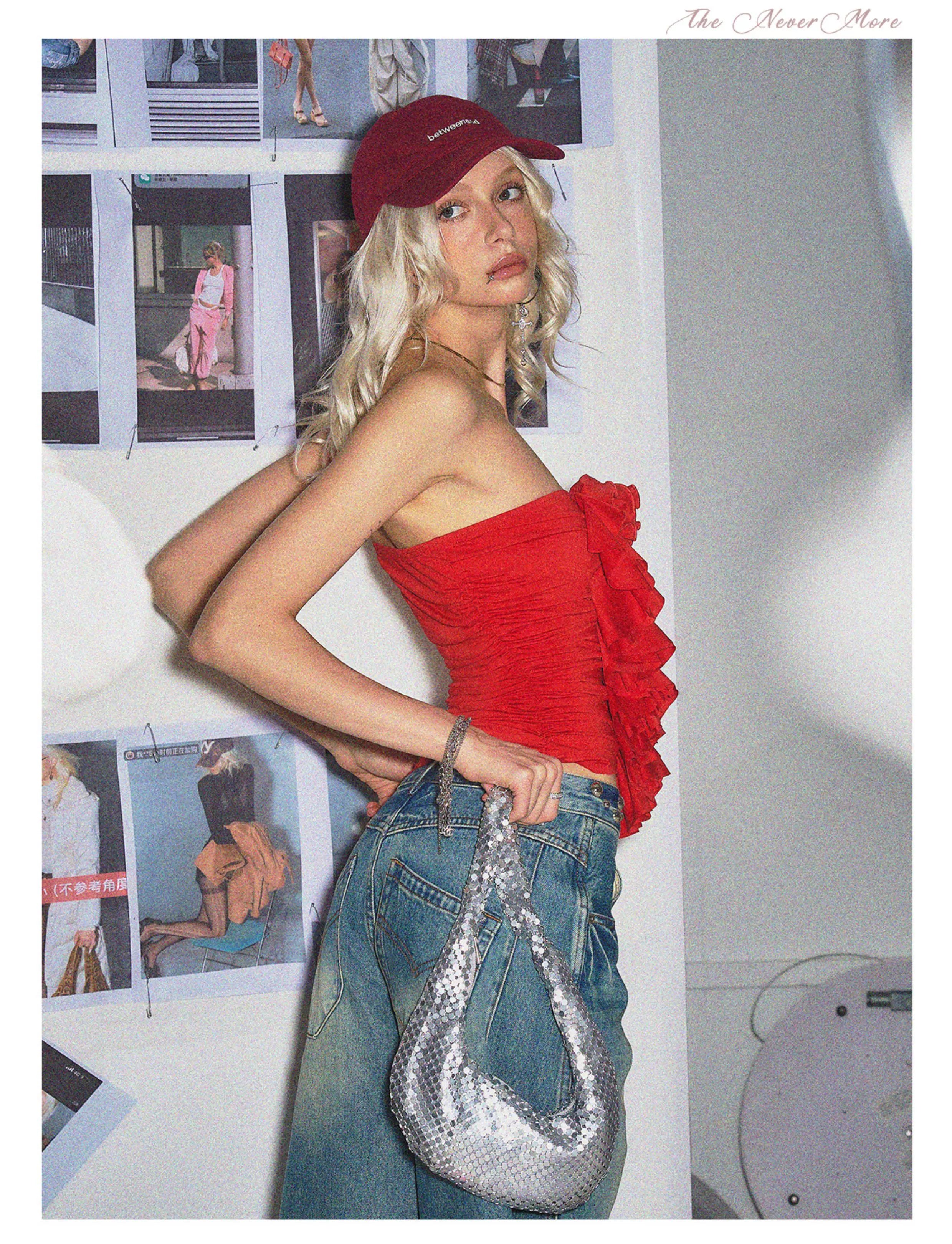 Red Floral Ruched Bandeau Crop T-shirt