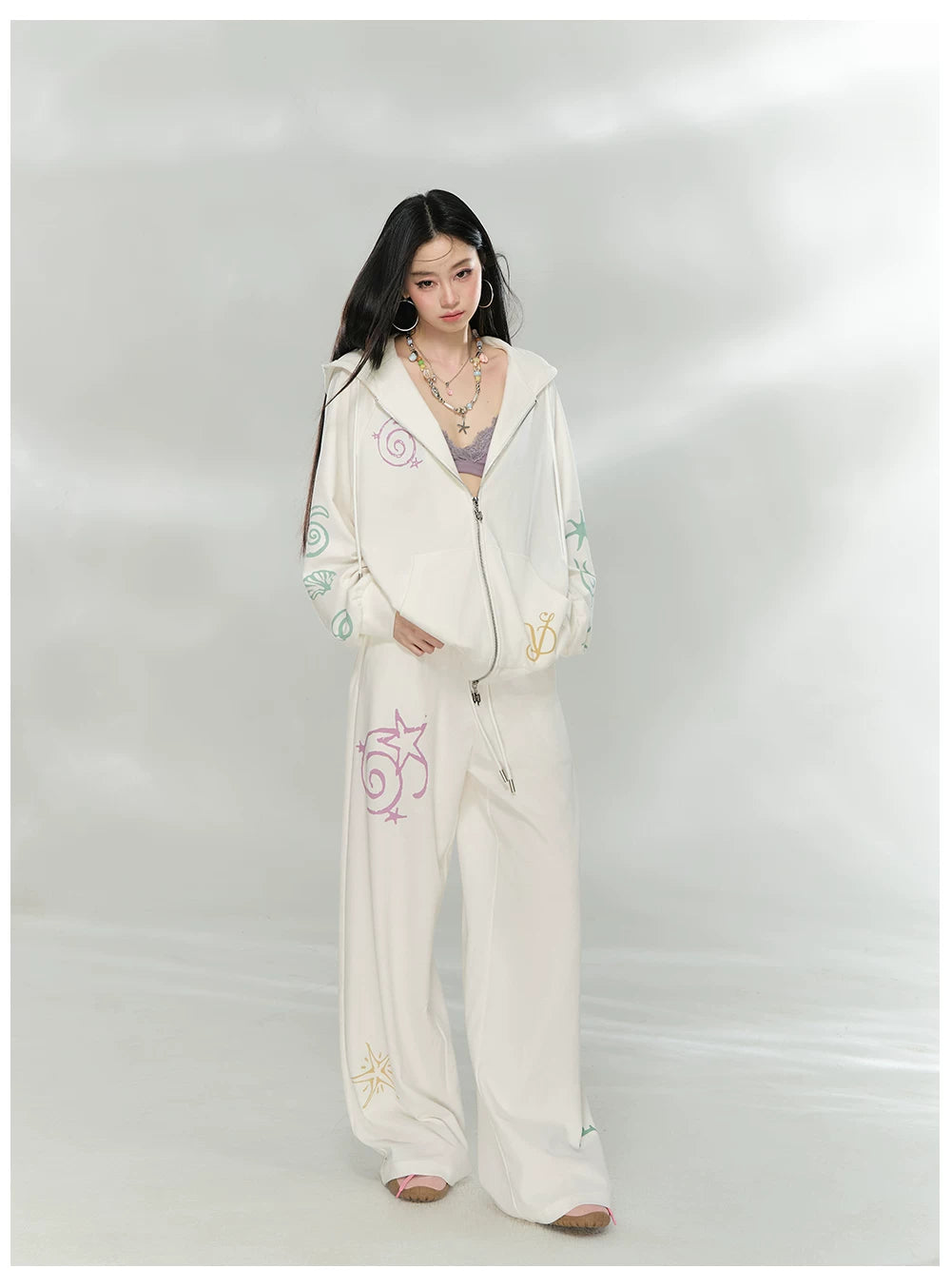 Printed Waffle Knit Hoodie &amp; Pants Set