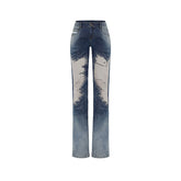 Blue Mesh Patchwork Low-Rise Flared Pants - CHINASQUAD