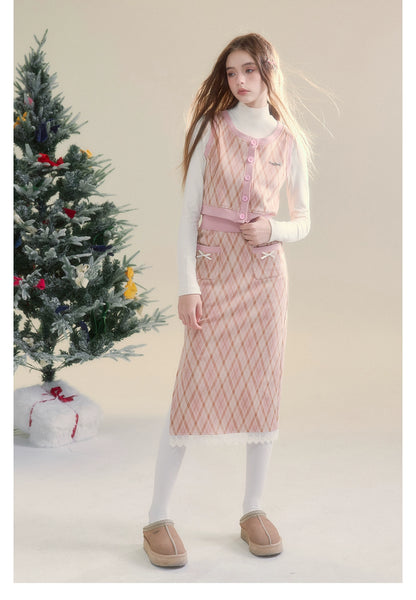 Pink Plaid Vest &amp; Midi Skirt Set - CHINASQUAD