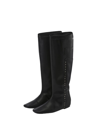 Flat Square-Toe Pocket-Detail Studded Boots