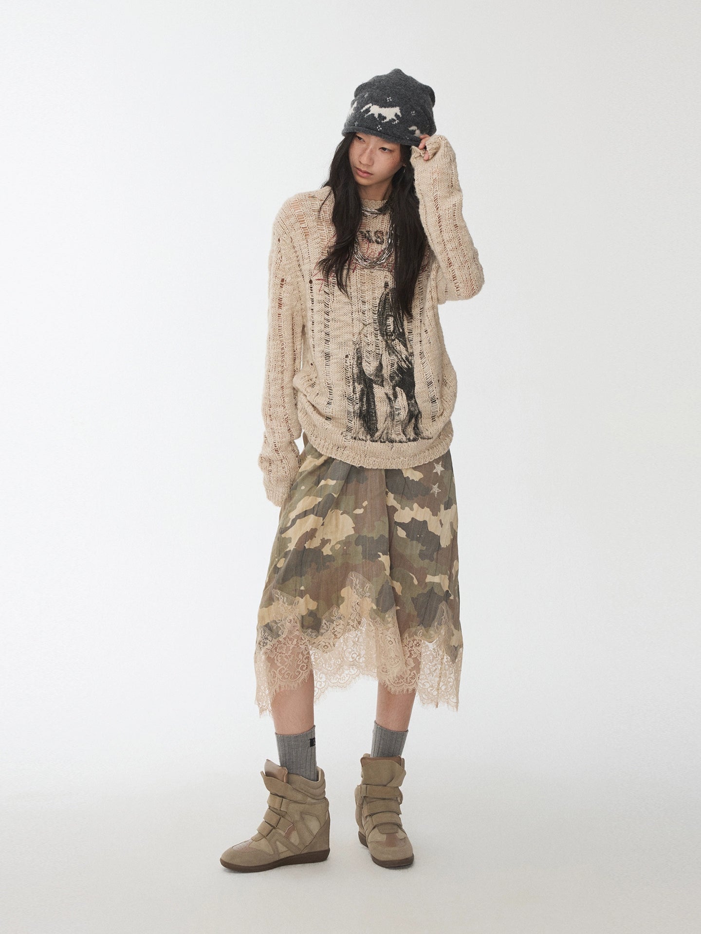 Camouflage Lace-Trim Printed Slip Dress
