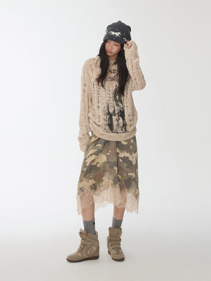 Camouflage Lace-Trim Printed Slip Dress