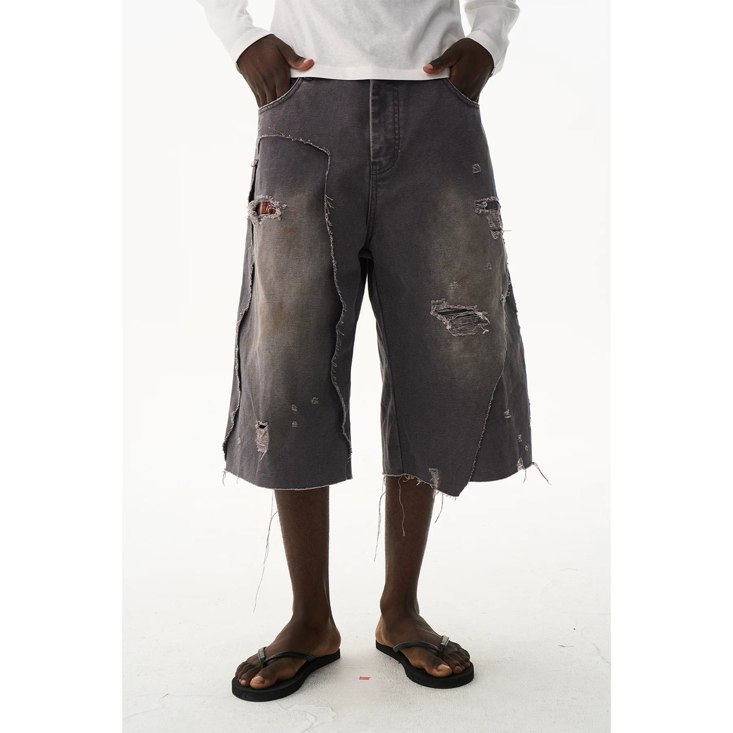 Distressed Double-Layer Washed Grey Shorts