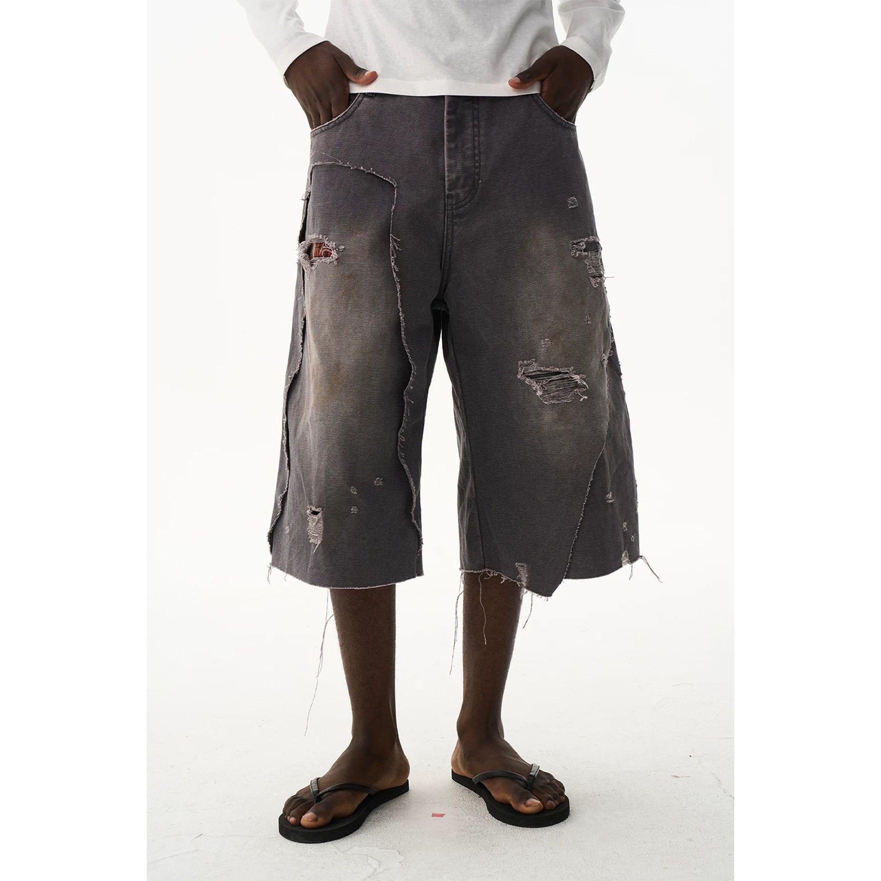 Distressed Double-Layer Washed Grey Shorts