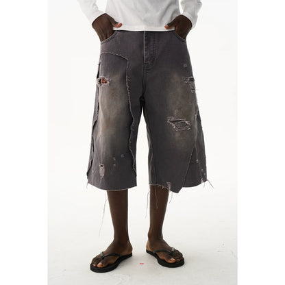 Distressed Double-Layer Washed Grey Shorts