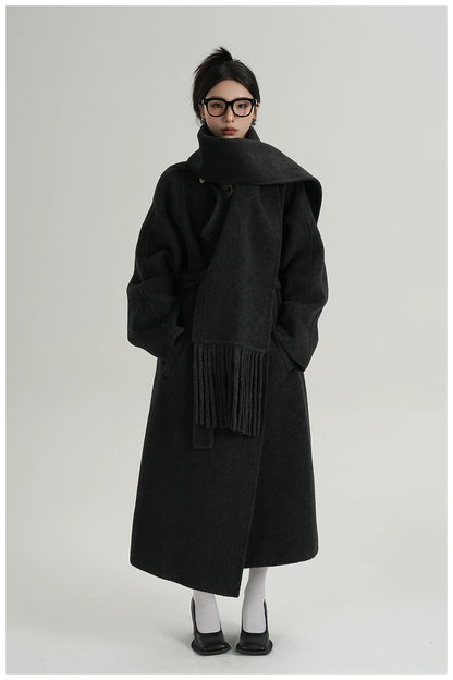 Fringe-Detail Wool Scarf-Style Long Coat