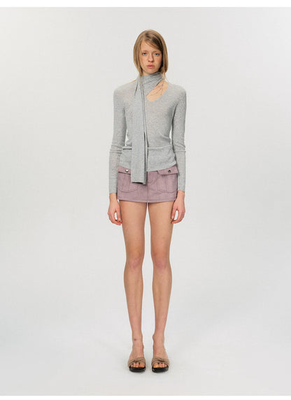 Fine Wool Blend Scarf-Neck Slim Fit Knit Top