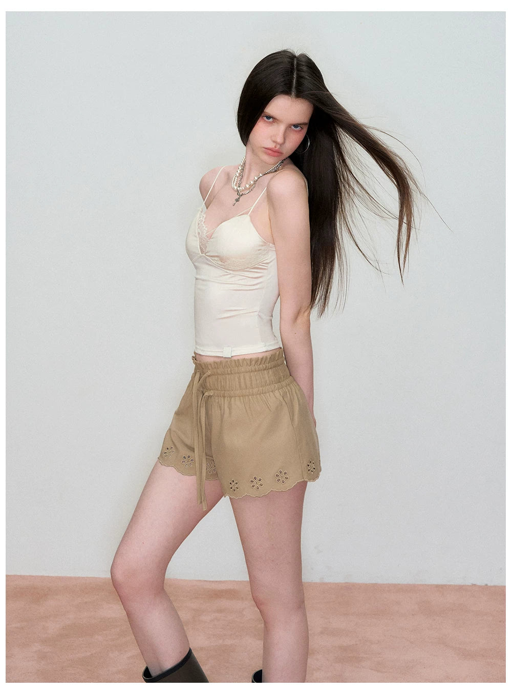 Double-Waistband Embroidered Straight Shorts