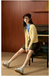 Yellow Twisted Texture Knitted Cardigan - CHINASQUAD
