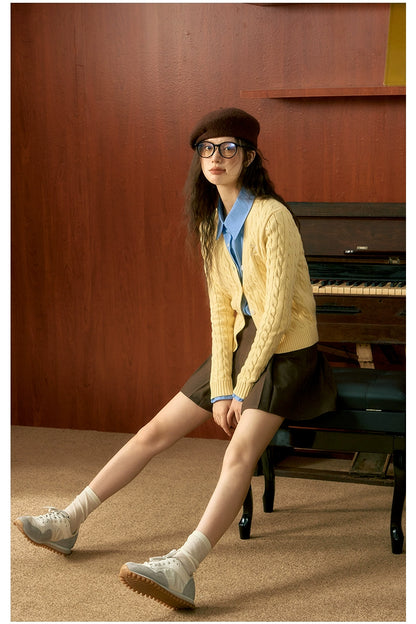 Yellow Twisted Texture Knitted Cardigan - CHINASQUAD