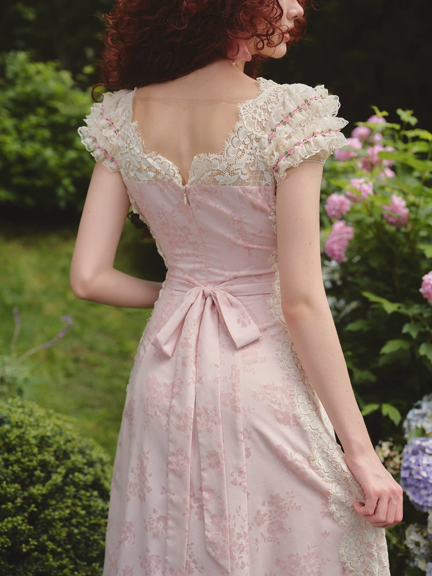 French Sweet Empire-Waist Lace Tie Dress Pink / L