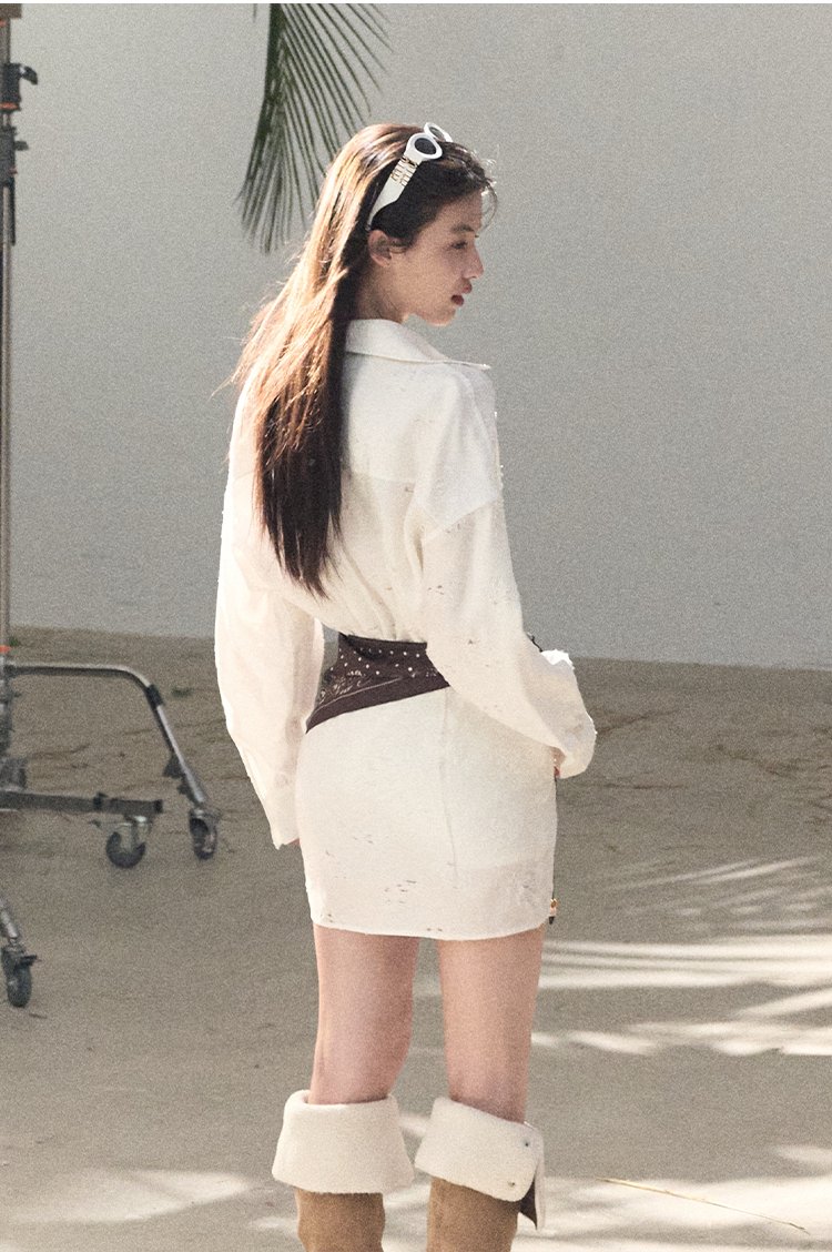 Waist-Cinched Long-Sleeve Shirt Dress