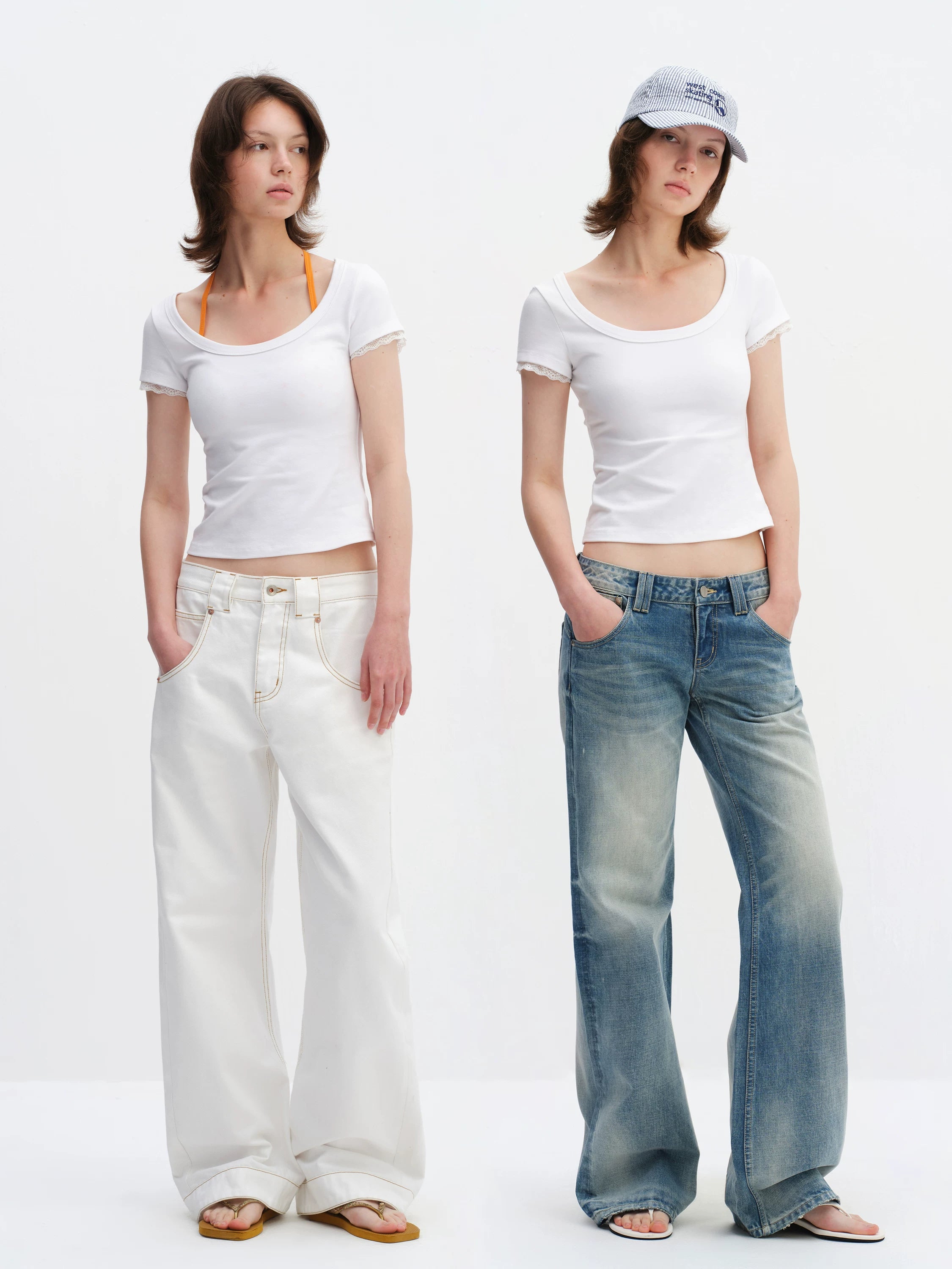 Lace Trim Scoop Neck Fitted Cotton T-Shirt