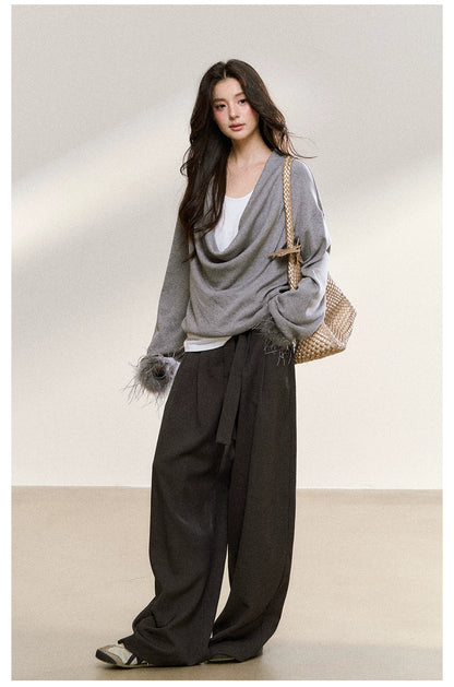 Gray Drape-Neck Fur Cuff Detail Knit Blouse