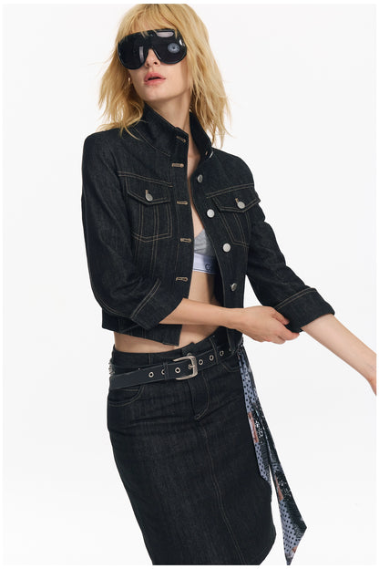 Cropped Stripe Stitch Denim Jacket &amp; Skirt Set