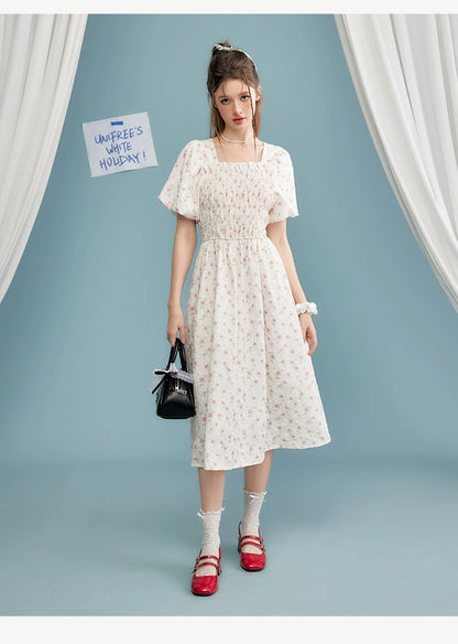 Pink Floral Square-neck Puff Sleeve A-line Dress