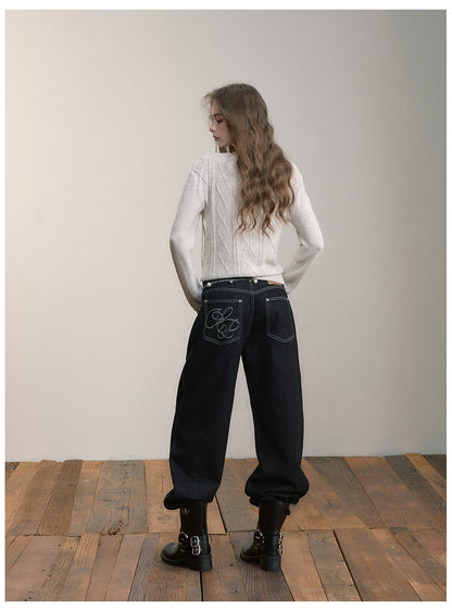 Asymmetrical Tie-Neck Cable Knit Sweater