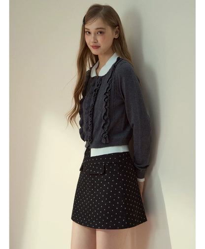 Grey Ruffle Collar Knit Cardigan