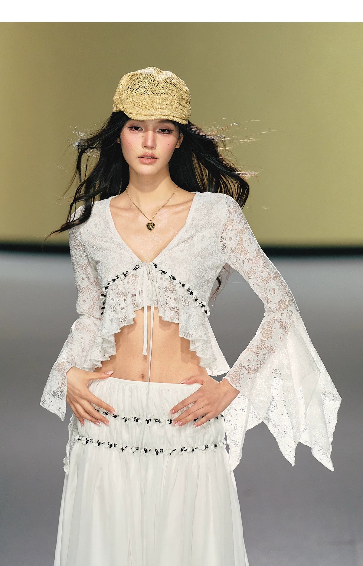 Vintage Sequin Lace V-Neck Blouse&amp; Tulle Skirt Set