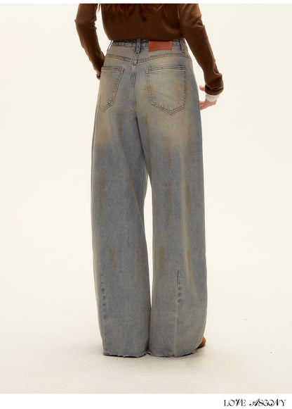 Vintage Washed Distressed Wide-Leg Denim Pants