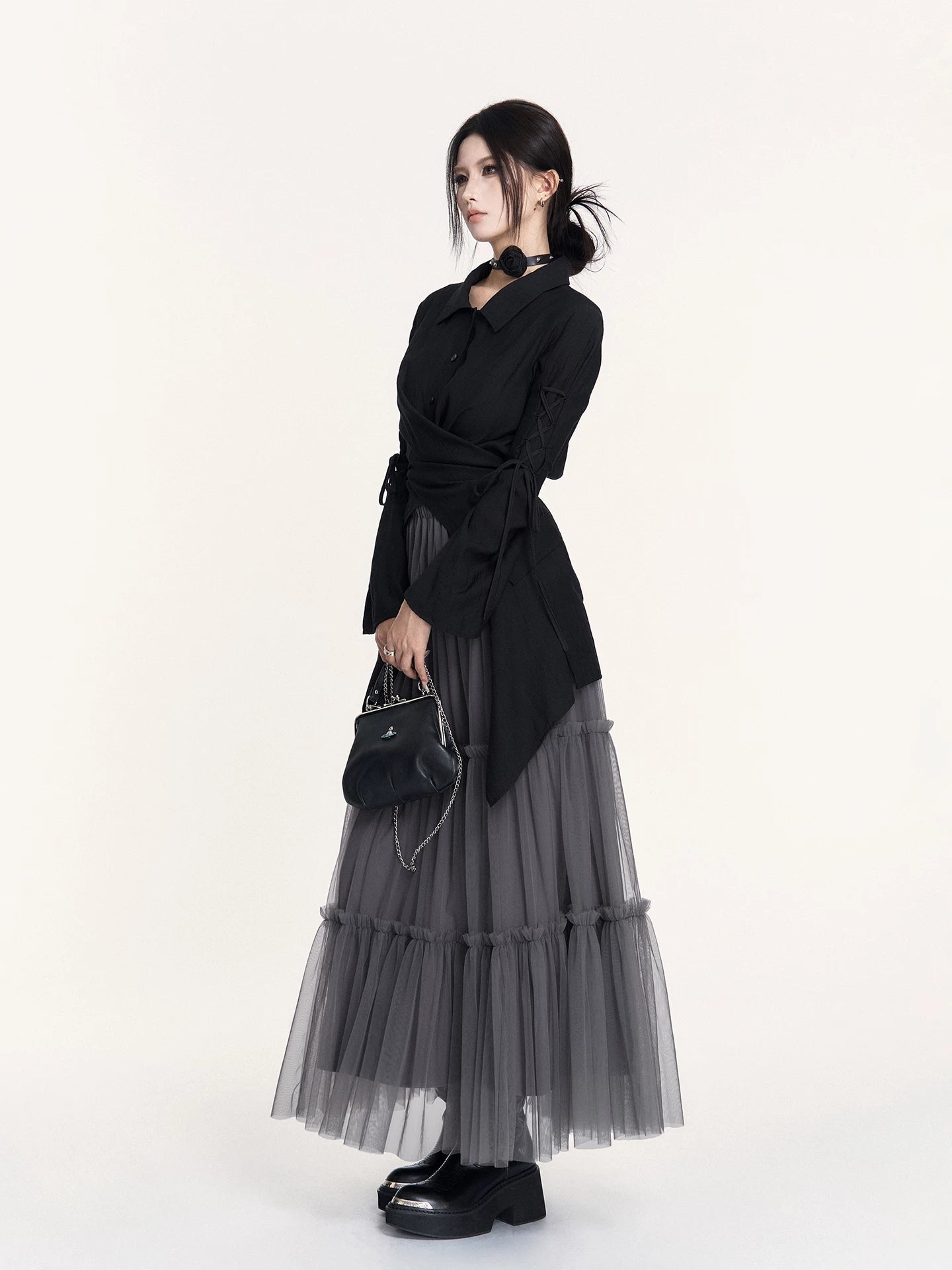 Lace-Up Flared Sleeve Slim-Fit Shirt