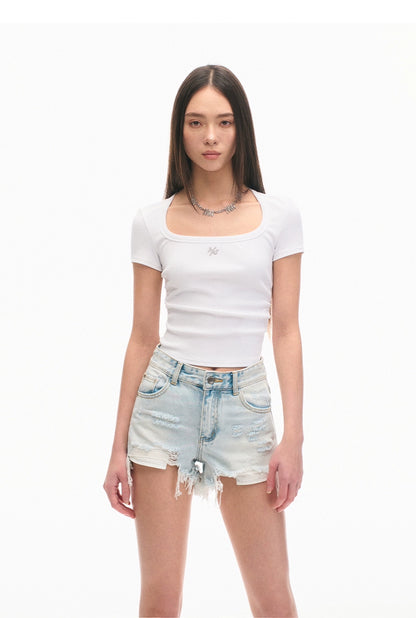 Ice Silk Ribbed Waist Cinching Round Corner T-Shirt