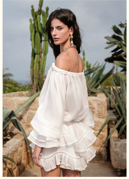 Off-Shoulder Printed Chiffon Layered Dress