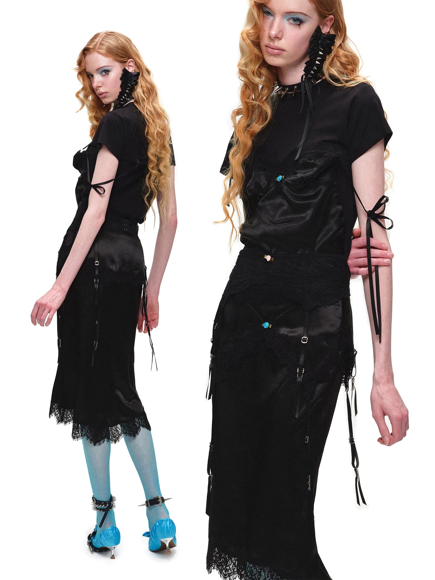 Asymmetric Satin Midi Skirt with Lace Trim