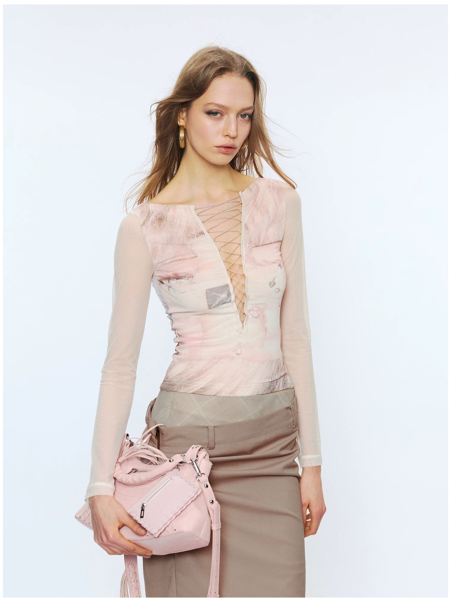 Original Print Mesh Patchwork Tie-Up Base Layer Top