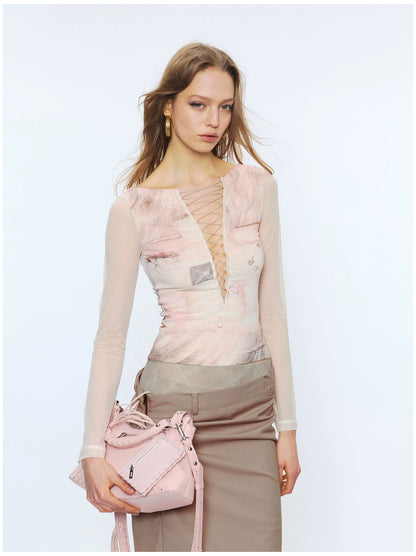 Original Print Mesh Patchwork Tie-Up Base Layer Top