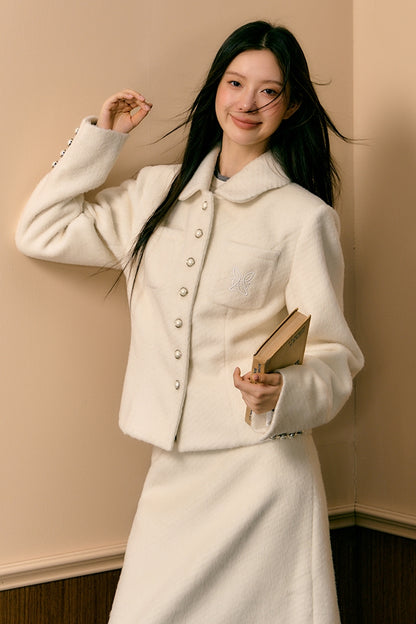 White Slim Woolen Jacket &amp; Skirt Set - CHINASQUAD