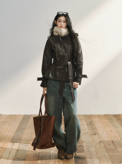 Vintage Brown Belted Faux Leather Wool Jacket
