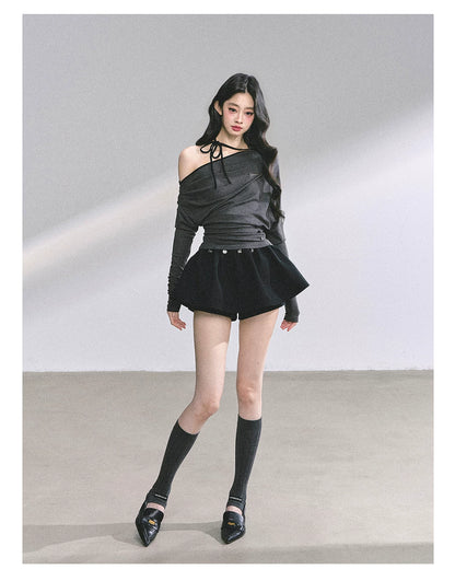 Off-Shoulder Halter Long-Sleeve T-Shirt