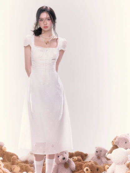Lace Puff Sleeve Cinched Waist Long Dress - CHINASQUAD