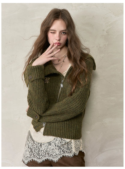 Oversized Lapel Asymmetrical Zip Knit Cardigan